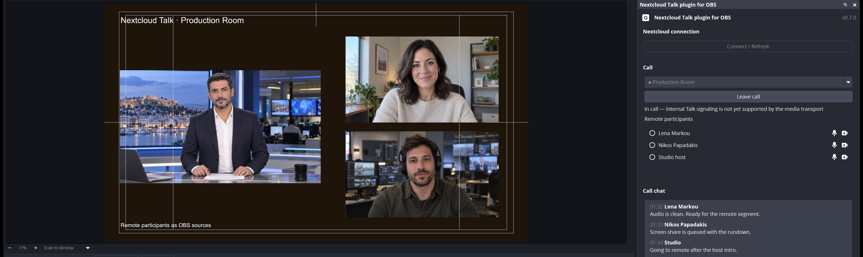 Nextcloud Talk plugin dock inside OBS with a connected production room, participants and chat