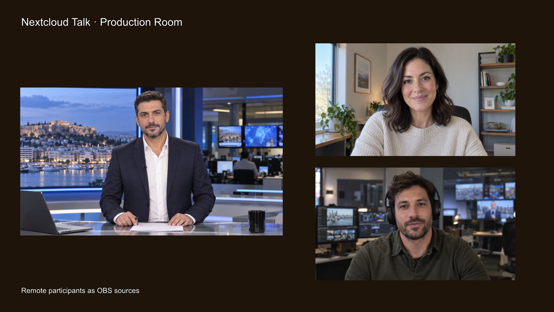 OBS scene with studio host and two remote Nextcloud Talk participants