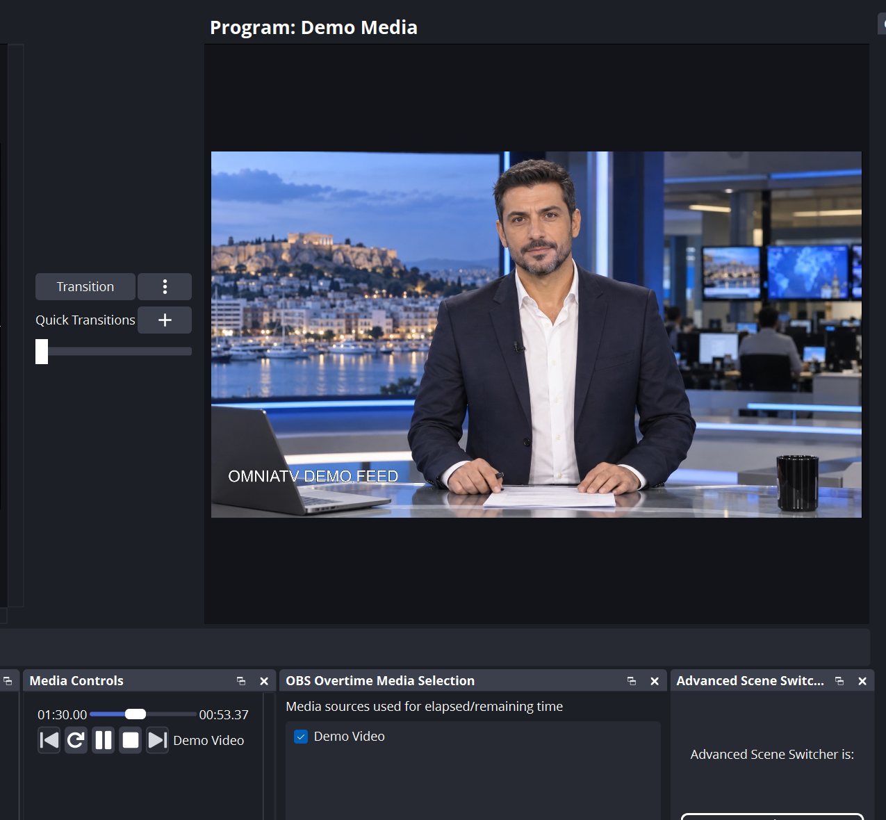 Overtime for OBS dock configured inside OBS Studio with Demo Video selected