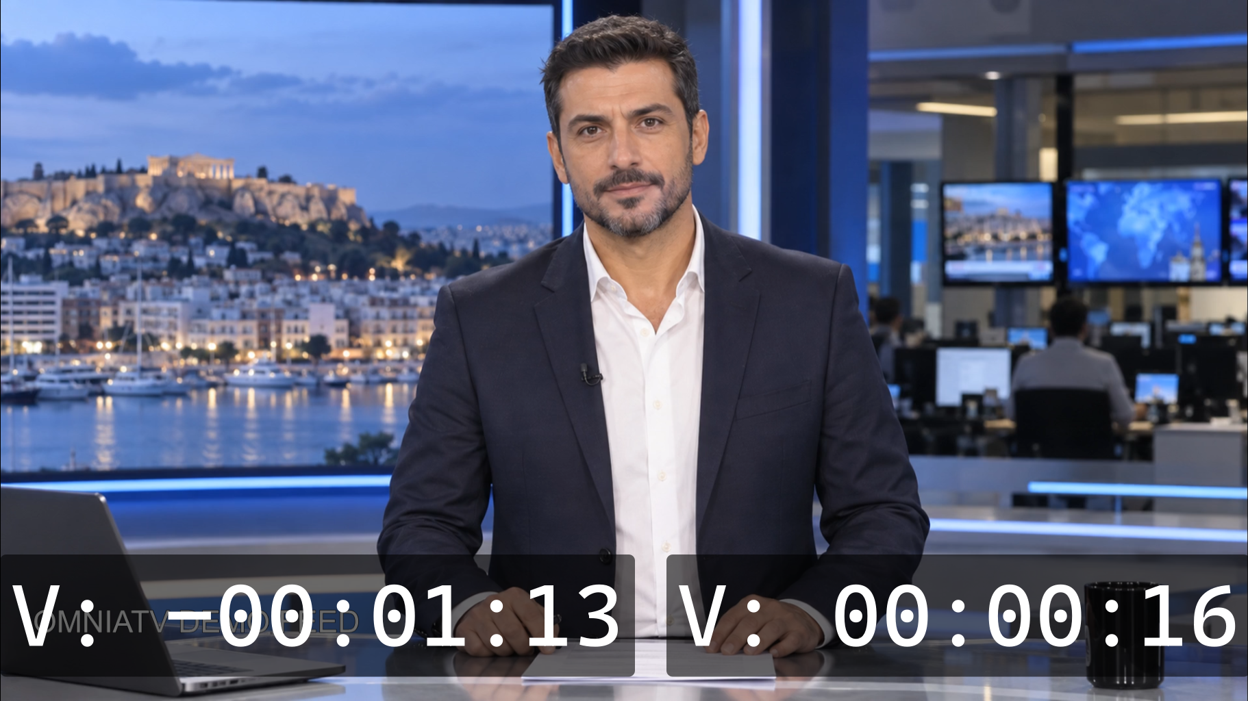 OBS projector screen with elapsed and remaining media timers over a presenter feed