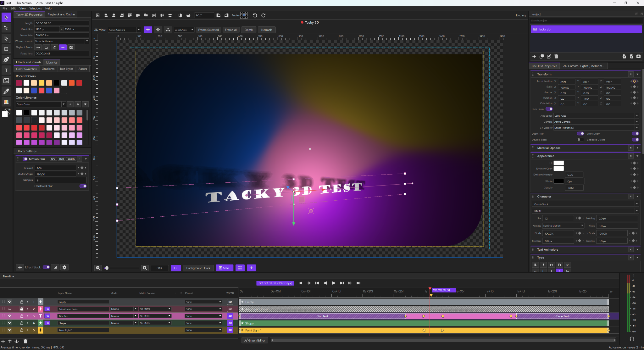 Flux Motion 3D layers, effects panel and timeline