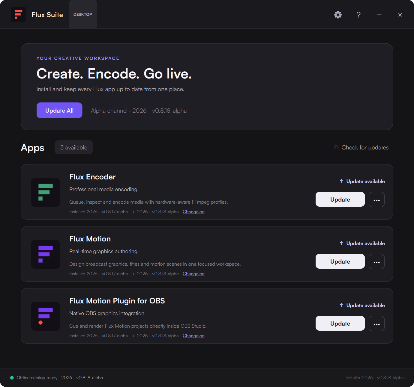 Flux Suite installer and app catalog
