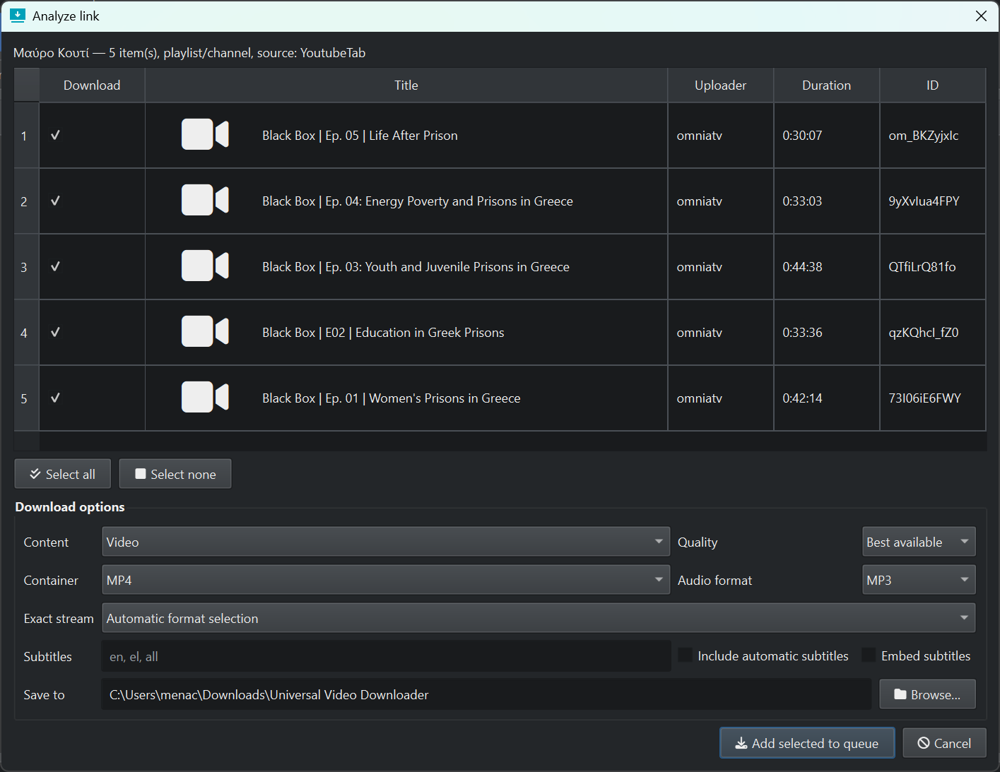 Universal Video Downloader analyze dialog for a five-item playlist