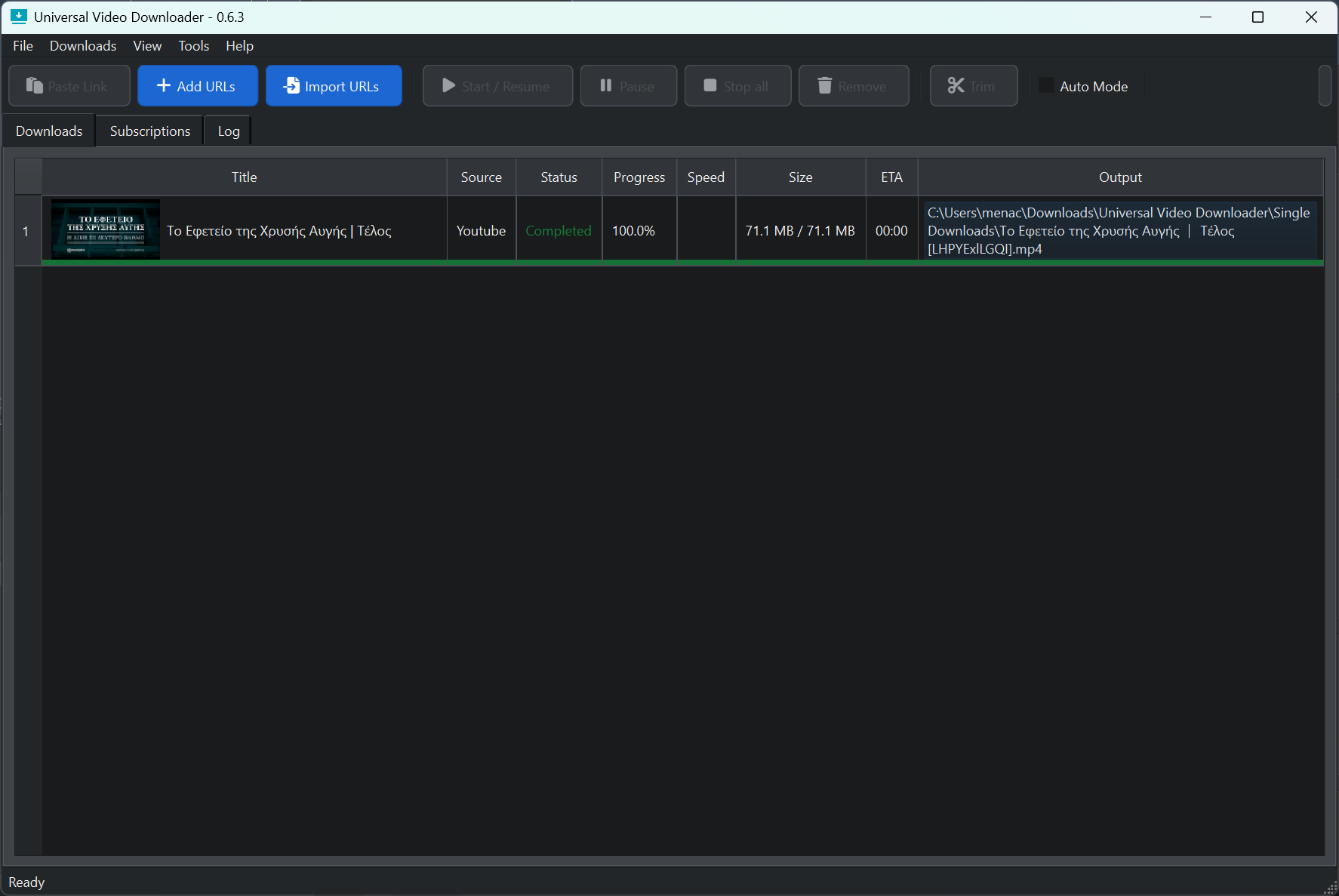 Universal Video Downloader main queue with completed download
