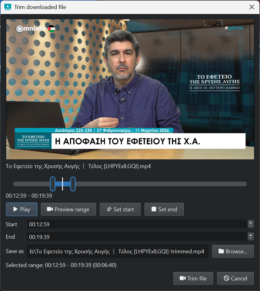 Universal Video Downloader trim downloaded file dialog